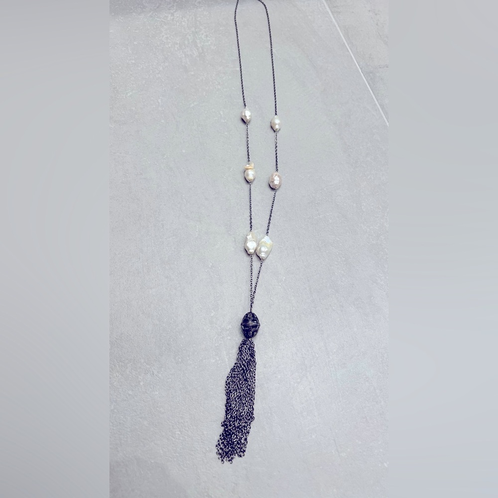 Indian black diamond tassle necklace w pearls & dark silver tassle